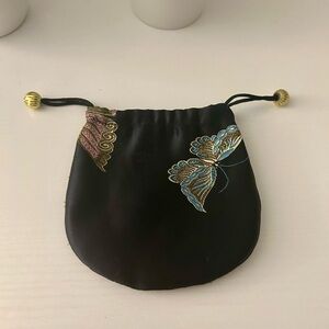 Vintage Satin Butterfly Embroidered Drawstring Pouch Bag